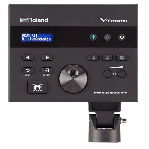 Front view of TD-07KV Electronic V-Drums Kit drum module with control buttons and display, compact home studio setup.