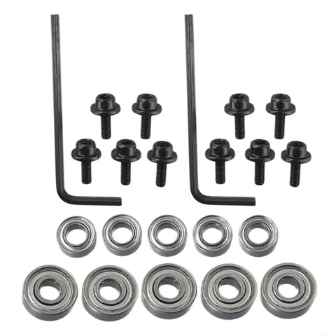 Pro Grade 10 Pack Top Mounted Ball Bearing Replacement Kit For Router Bits With Screws And Hex Key, Steel Guide Bearings For Repair And High RPM Use, Silver Finish, 9.52mm And 12.7mm OD; parts laid out