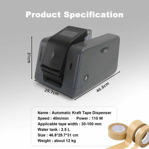 Electric Water Activated Tape Dispenser Heavy Duty Kraft Paper Tape Cutter With Button And Sensor Control For Packages, product specifications and dimensions displayed.