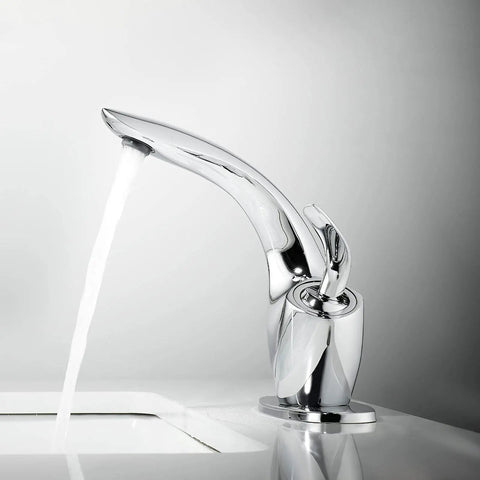 Leaf Type Chrome Bathroom Faucet With Modern Single Handle, Sleek Vanity Sink Tap with water flowing in contemporary setting