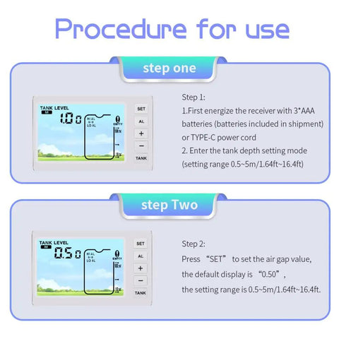 Wireless Ultrasonic Water Tank Level Gauge display showing setup steps with LCD bar graph for easy monitoring.