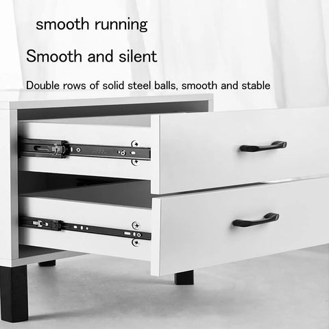 Twenty Pairs Full Extension Soft Close Drawer Slides With Hella Smooth Ball Bearing Rails That Kick Up Your Kitchen Cabinet And Workshop Storage Game Effortlessly, showing smooth-running drawer slides in white cabinet.