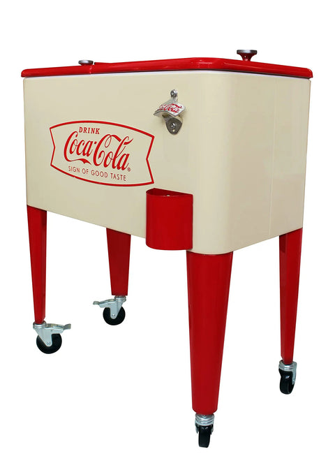 Creamfish 60-Quart Vintage Style Wheeled Cooler With Split Top Lids For Outdoor Patio Porch Insulated, Coca-Cola branding