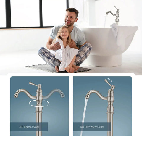 Brushed Nickel Freestanding Bathtub Faucet With Swivel Spout, Single Handle Floor Mount Tub Filler near tub.
