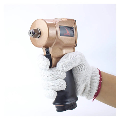 High Output Half Inch Drive Mini Pneumatic Impact Wrench Gun held in gloved hand, showcasing the metallic finish and design.