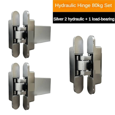 Premium Industrial Heavy Duty Built Tough Hydraulic Self Closing Concealed Door Hinge With Silent Buffer, 80kg set, silver finish.