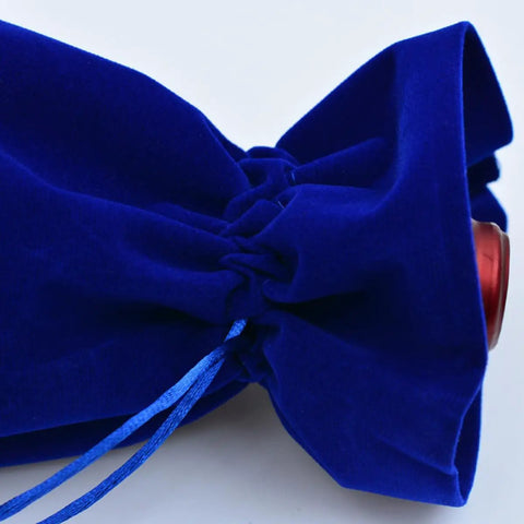 Four Pack Flannelette Wine Bottle Bags With Drawstrings For Travel Gift Packaging And Party Supplies, dark blue fabric close-up