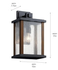 Outdoor Wall Light Sconce In A Sleek Dope Black Finish With Clear Seeded Glass, 17 Inches High By 10 Inches Wide, with dimensions