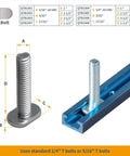 Rock Solid 24 Inch Double Cut Universal T Track Kit With Bidirectional Short Stops And Wing Nuts Shop Ready Heavy Duty Aluminum Slot Rail System For Table Saw Jigs And Router Table Setup showing T bolt dimensions and fitting in aluminum track.