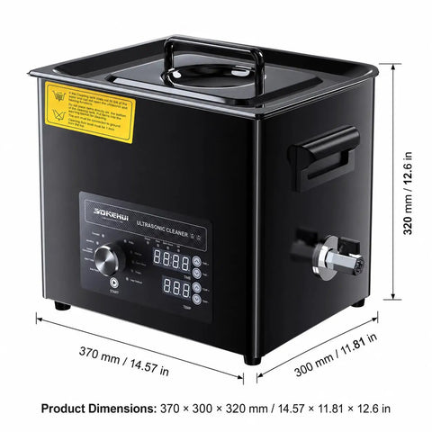 Pro Ultrasonic Cleaner Machine 10L Tub Tank With Digital Heater Timer Knob Control Powerful 40kHz Cleaning showing front view and dimensions.