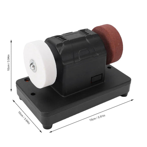 Compact Bench Grinder With Smooth Variable Speed 2000 To 6000 RPM copper motor 3 inch grinding wheels on sturdy base.