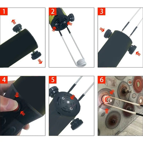 Top Shelf Induction Heater Coil Kit Including 10 Pcs Brass Core Rods And A Solid Storage Box showing setup steps with adjustable coils for rust removal.