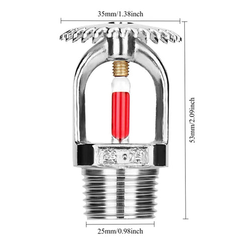 Eight Pack Heavy Duty Fire Sprinkler Heads 3 4 Inch Dn20 Solid Brass Chrome Plated 68 Degree Automatic Heat Trigger Built Different Top Tier Upward Ceiling Mount Setup - Close-up of brass sprinkler head with red heat trigger.