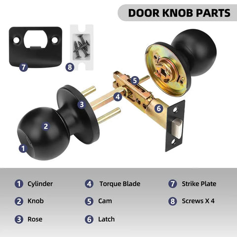 Privacy Door Knobs Matte Black 12 Pack With Keyless Interior Passage Locks Round Style Entry Hardware components shown.