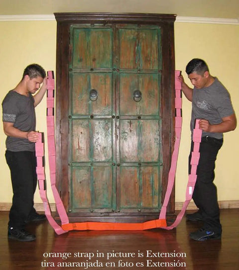 Two men using Heavy Duty Moving Strap Extension Built For Extra Long Furniture And Appliance Hauls Rated For Up To 800 Lbs.