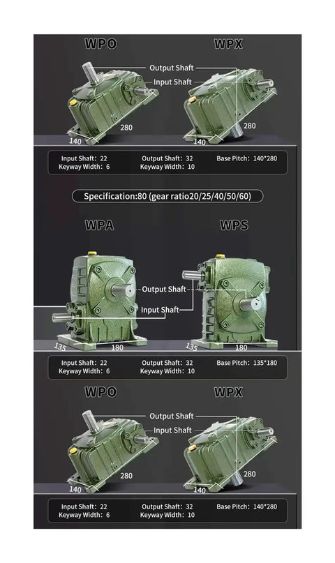Heavy Duty Gearbox Worm Gear Reducer With Iron Shell And Time Delay For High Torque In Small Motors And Transmission Gears Reduction Box Tough As Nails Industrial Grade 60-1 WPA40 with input and output shafts specifications