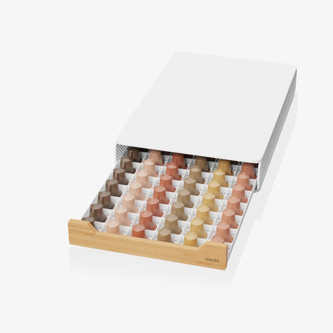 Bamboo PodStash Coffee Pod Storage Drawer Holder For Nespresso Pods 60 Pod Capacity White Modern Countertop Organizer open drawer