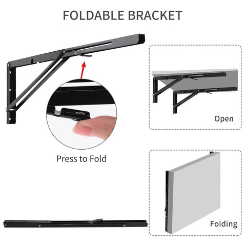 Super Heavy Duty 24 Inch Folding Shelf Brackets Black Sleek L Braces With 330 Pound Load Rating Set of 2 Corrosion Resistant wall mount brackets in folding position.