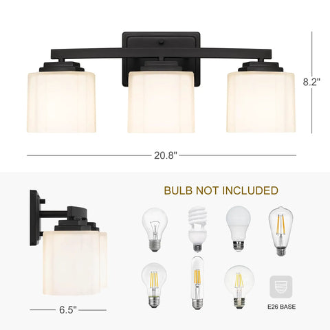 Industrial Dope 3 Light Vanity Wall Sconce With Etched Glass Shade In Dark Bronze Finish dimensions and bulb compatibility chart