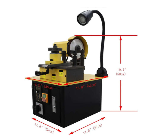 Knockout Full Auto Saw Blade Sharpener And Grinder For Carbide Tipped And Hss Circular Blades, showing machine dimensions and lighting.