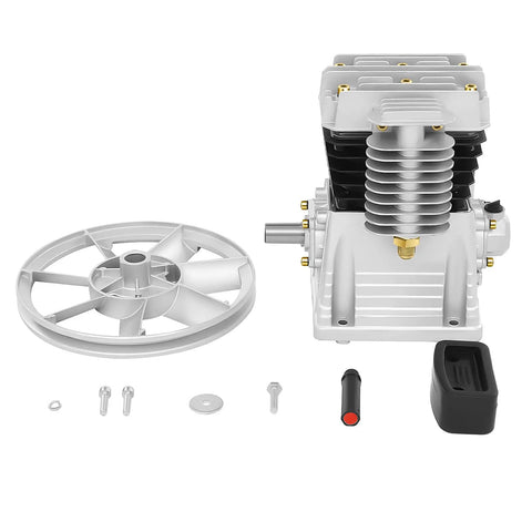 Heavy Duty 2HP Air Compressor Pump Head with twin cylinder aluminum piston and wheel for 1500W unit, including oil drain and muffler.