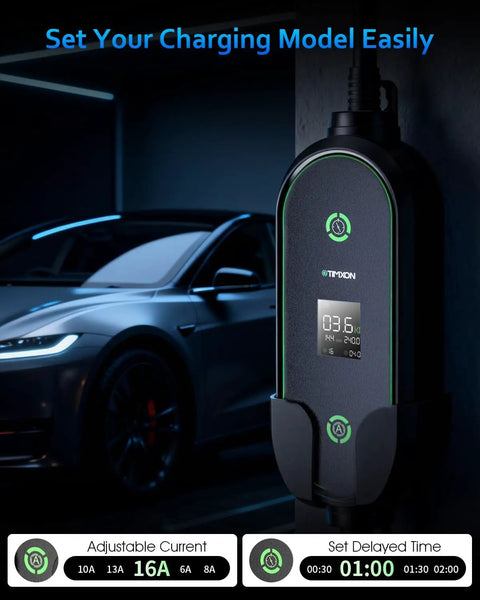Portable Level One and Level Two EV Charger ETL Certified 12 and 16 Amp 110 to 240 Volt with 25 Foot Extension Cable in use
