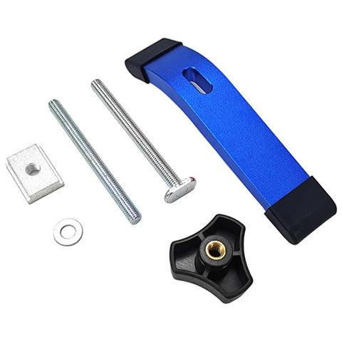 Solid Blue Aluminum T Track Hold Down Clamps For CNC Routers And Drill Presses durable components including screws and washers.