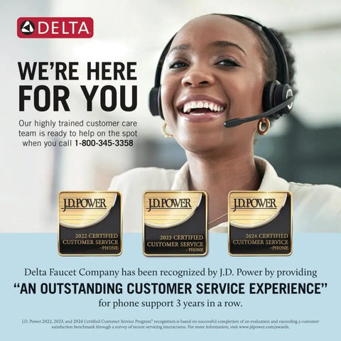 Smiling customer service representative wearing a headset beside three J.D. Power awards for Delta Faucet Company.