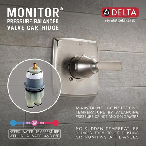 Slick Brushed Gold Shower Trim Kit Featuring Five Setting Showerhead And Intense Full Body Spray, pressure-balanced valve cartridge.