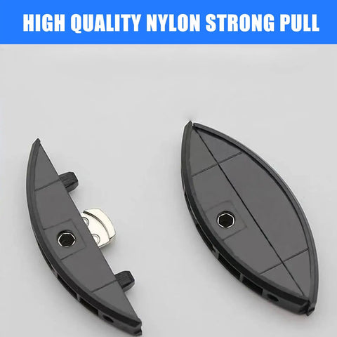 Hella Tough 50 Pack Nylon Biscuit Joiner Tenons For Invisible Wood Frame Connectors Featuring A Secure 45 Degree Angled Lock Pin Design For Slick No Screw Assembly On Heavy Duty Plywood Projects, black nylon tenons laid on grey background.
