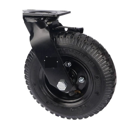 Tough As Nails Eight Inch Pneumatic Rubber Wheel With Flanged Track And Reliable Side Brake Designed For Hotel Luggage Carts And Heavy Daily Work Loads, close-up view side brake and hub.