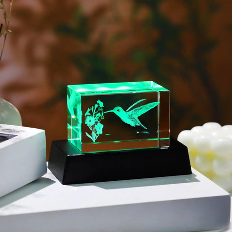 Crystal Hummingbird Laser Engraved 3D Figurine Gift For Her And Him on LED base, glowing green, K9 crystal block display.