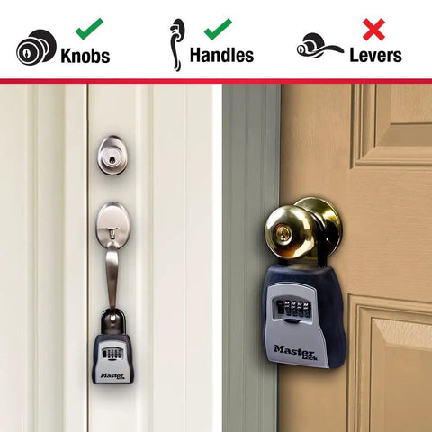 Four Pack Key Lock Box With Code For Realtors And Property Managers Outdoor Key Safe Keeps Five Keys Four Digit Combination Resettable showing compatibility with knobs and handles