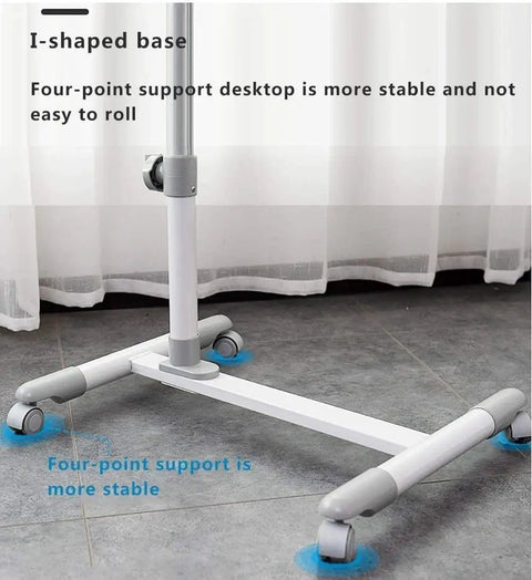 I-shaped base of the Smooth Rolling Tilt Top Height Adjustable Standing Desk With Heavy Duty Carbon Steel Frame And Locking Wheels.