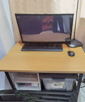 Massive Solid Wood Tabletop For Standing Desks Featuring Kick Ass Build Quality And Smooth Natural Finish Perfect Giant Workspace For Dual Monitors Home Office Setup on a desk with monitor and keyboard.