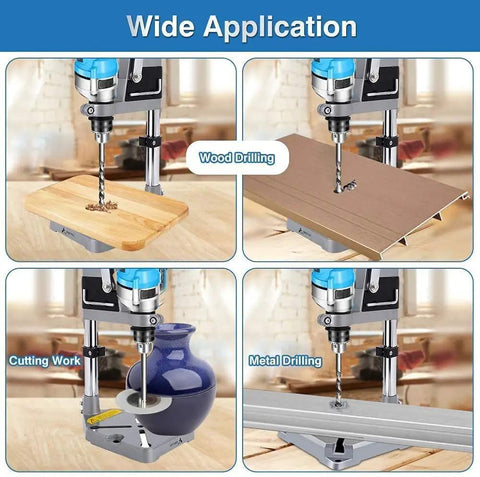 Adjustable Desktop Drill Stand With Universal Bench Clamp and Workbench Support shown in various applications like wood and metal drilling.