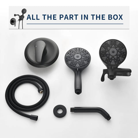 Matte Black Shower System With Dual Fixed And Handheld Heads Featuring Six Spray Modes And A Three Way Diverter Valve Designed As A Complete Bathroom Trim Kit For A Serious Style Flex And Smooth Daily Ritual, showing all components including shower heads and hose.