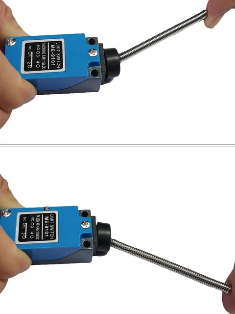 Two Pack ME 9101 Momentary Limit Switch with Flexible Coil Spring Rod, shown in hand, NC No Contacts 5A 250V AC, M5 Mounting Holes