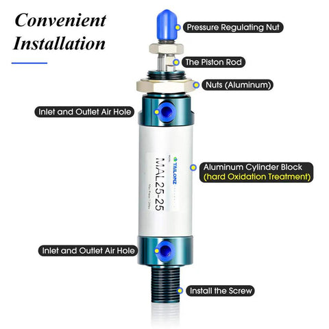 Pneumatic Air Cylinder 25mm Bore 25mm Stroke Double Acting With Y Connector And Two 6mm Fittings MAL25x25 Aluminum Body Port One Eighth Inch 145 Psi Max Pressure For Smooth Rock Solid Linear Motion