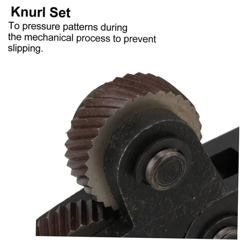Detail of 3 Piece No Frills Shop Gear Knurling Tool Set For Lathe Machines showing diagonal cut wheels for surface texturing.