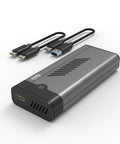 Sleek Aluminum M.2 NVMe SSD Enclosure With Smart Cooling Fan and two USB cables on a white background.