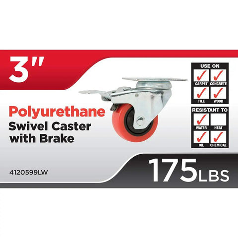 Tough As Nails 3 Inch Polyurethane Swivel Caster Wheels With Locking Brake Heavy Duty 175 Lb with red wheel and metal swivel base.