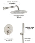 Two Function Shower Faucet Set With Wall Mount High Pressure Brass Valve And Rough In Included Handheld Showerhead 10 Inch Round Rainfall Shower Head Brushed Nickel Finish SUS304 Stainless Steel Construction Premium Bathroom Upgrade dimensions