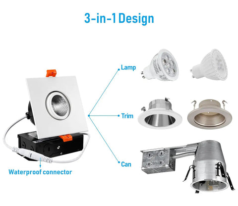 Three Inch Gimbal LED Recessed Light With Junction Box Pack Of 6, 7W Canless Dimmable Square Ceiling Light With CRI 90 diagram