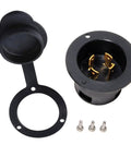 Locking L14-30P flanged inlet generator plug with dust cover, four prong, 30 amp, 125/250 volt, industrial grade power inlet.