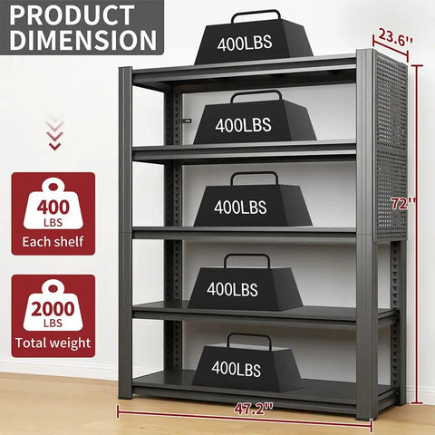 Beast Mode Heavy Duty 5 Tier Garage Shelving, 2000 Lbs Rock Solid Metal Storage Rack With Two Pegboards, Adjustable Utility Shelves For Shop And Warehouse, Black Frame with weights showing 400 lbs per shelf.