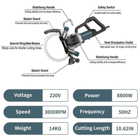 High-Torque 8800W Brushless Concrete Rotary Saw with stabilizing handle, splash guard, and special RingSaw blades for precise cutting.