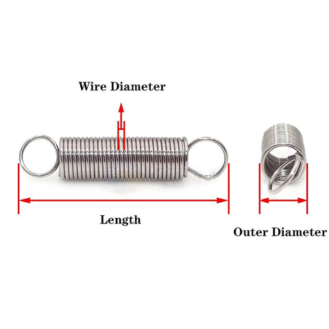 10 Pcs Heavy Duty Dual Hook Tension Springs Made From Top Tier Stainless Steel For Tough Mechanical Jobs With Precise Wire Gauge And Compact Outer Diameter To Keep Your Gear Running Smooth And Durable, showing dimensions of wire diameter and outer diameter.