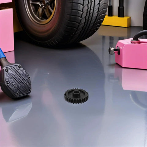 Cf800 Water Pump Idler Gear Replacement Part Black Plastic Timing Wheel 0800-080001 on a garage floor near tools