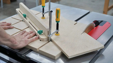 Using Matchfit Dovetail Clamp Bundle 4 Pack Exclusive DVC-538MB-50 on a table saw with dovetail grooves and router bit.